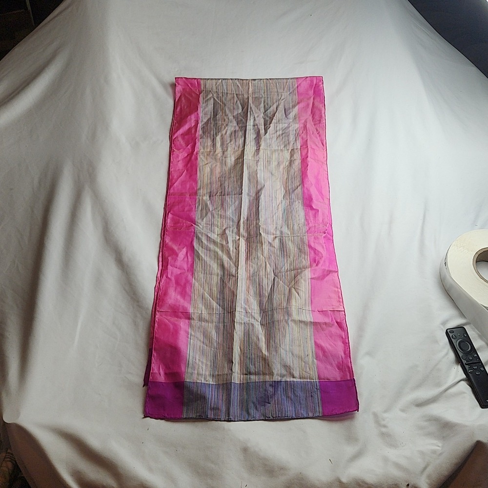 Silk Scarf Wrap Shawl Pink Multicolor Stripe Woven Sheer 16 x 60 Inch